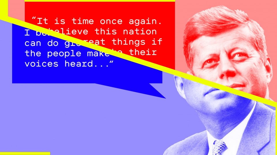 Photo illustration of JFK delivering fake speech