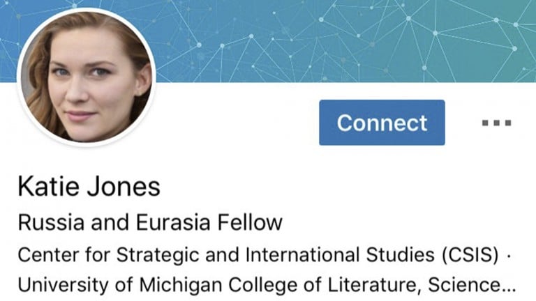 An image of a fake LinkedIn profile of the persona Katie Jones.