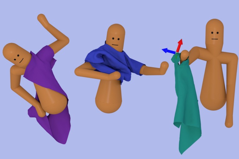 Three humanoid characters figuring out the complex motions of putting on clothing.