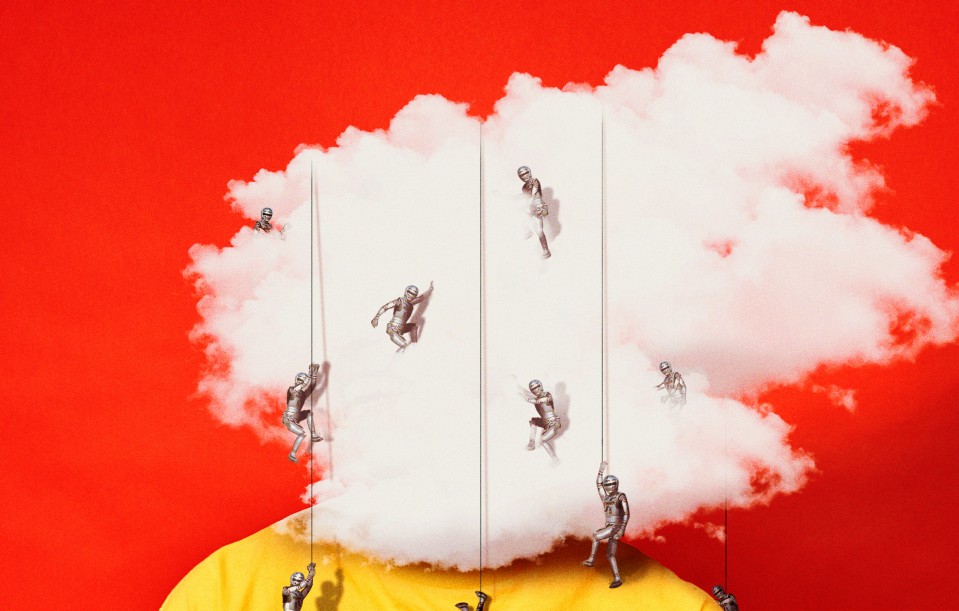 Conceptual illustration showing a person whose face is obscured by a cloud with small soldiers repelling over it.