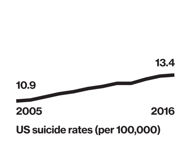 Line graph of US suicide rates (per 100,000) 10.9 in 2005 and 13.4 in 2016.