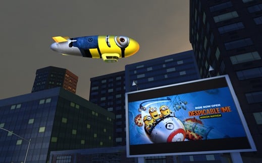 A virtual billboard advertises a theme-park ride related to the Despicable Me animated films.