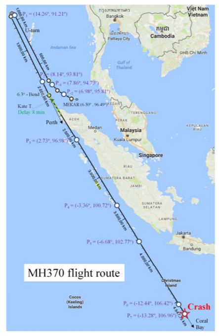 Image of map that reads "MH370 flight route"