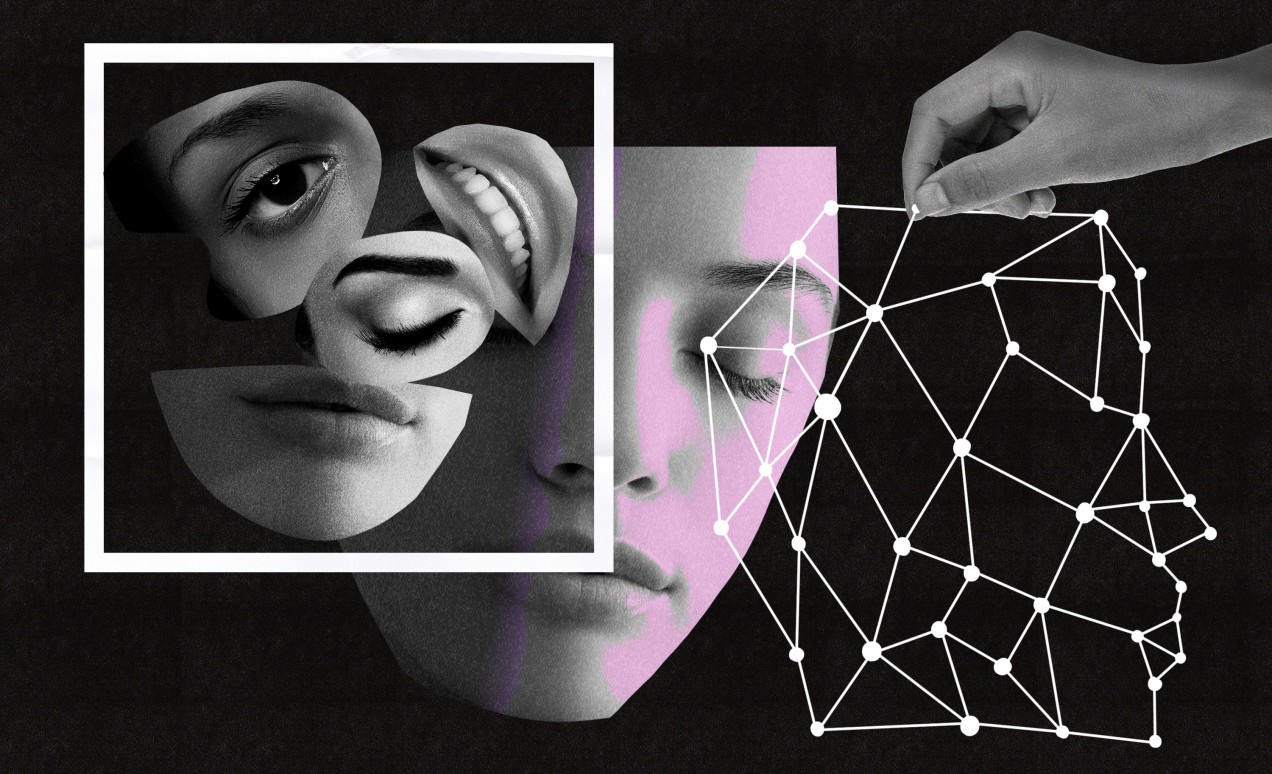 An illustration. On the left, scattered cut outs of face parts like eyes and mouths contained in a box. Middle: a complete face, eyes closed. On the right: a network in the shape of a head.