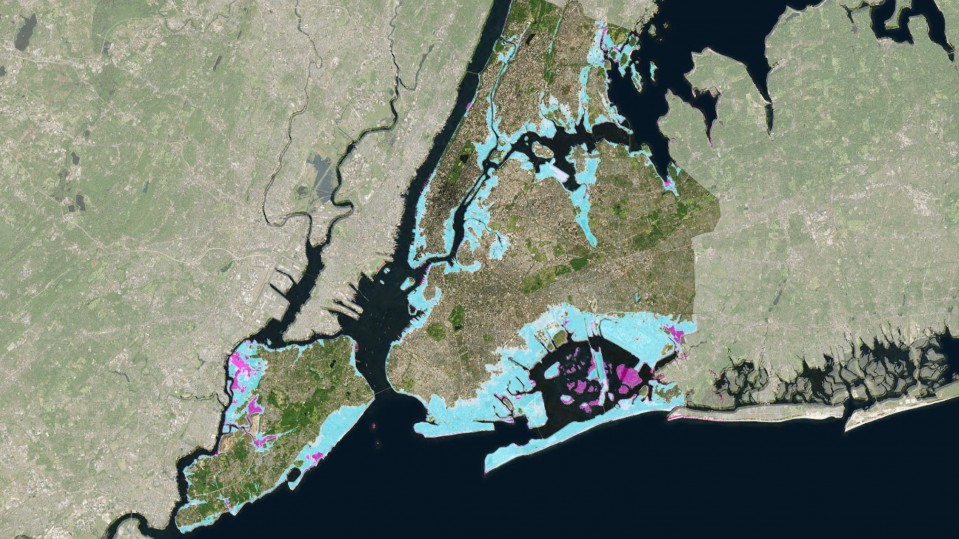 Satellite map of New York City with predicted flood mapping shading