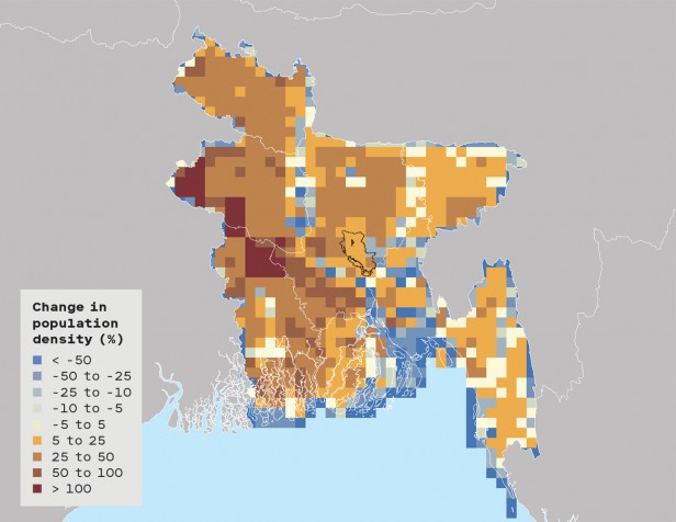 Choropleth map of Bangladesh showing change in population density