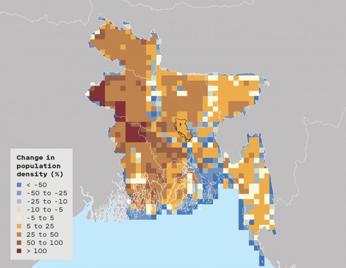 Choropleth map of Bangladesh showing change in population density