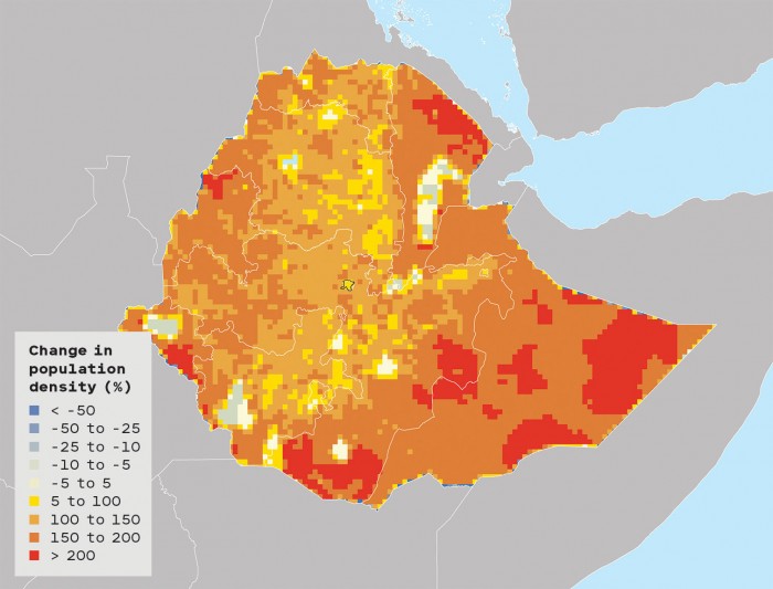 Choropleth map of Ethiopia showing change in population density