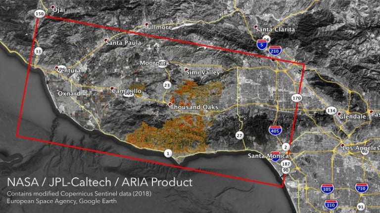 A map depicting damage from the Woolsey Fire in southern California