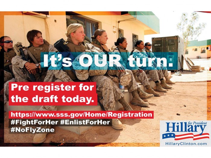 Meme showing photo female soldiers reading 'It's our turn. Pre-register for the draft today.'