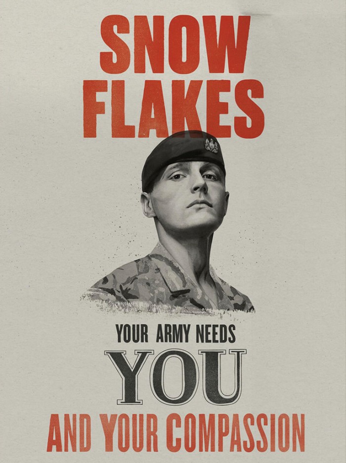 Mock war poster reading 'Snowflakes, your army needs you and your compassion'