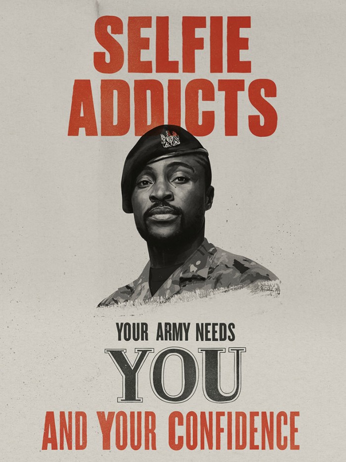 Mock war poster reading 'Selfie addicts, your army needs you and your confidence'