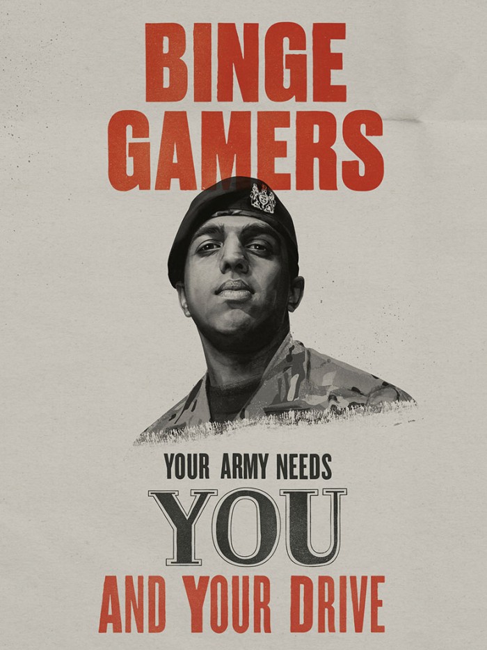 Mock war poster reading 'Binge games, your army needs you and your drive'
