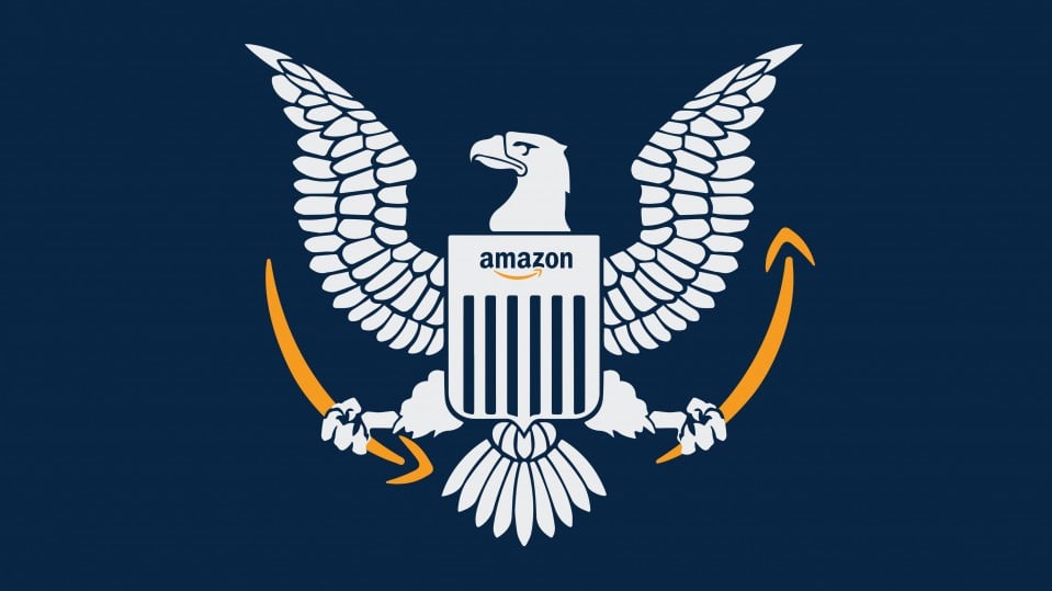Illustration showing the Department of Defense Eagle with an Amazon logo on its shield and holding Amazon smiles in it's talons