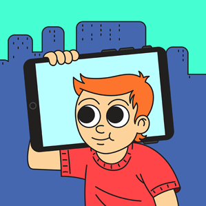 illustrated little dude rocking out to his phablet old school style