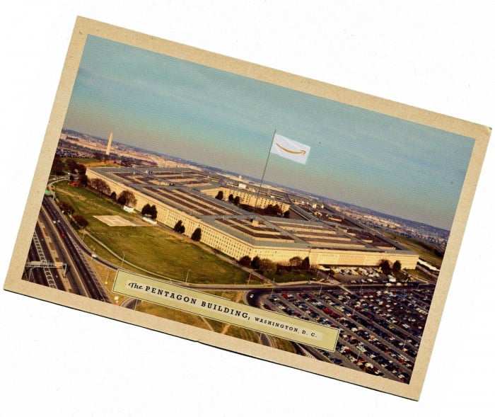 Vintage looking postcard of the Pentagon building, with an Amazon logo flag in the center.
