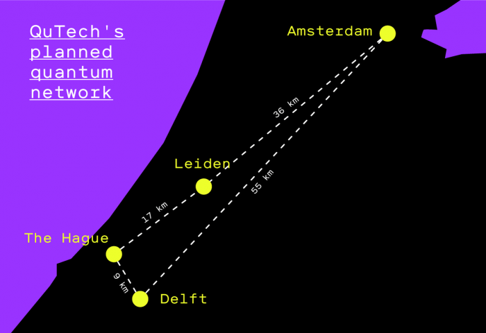 Map of the Netherlands that shows the distance between the 4 cities