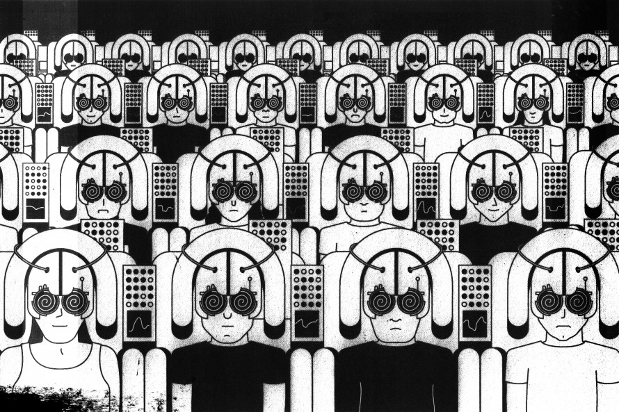 Illustration of audience of people wearing helmets and eyepieces