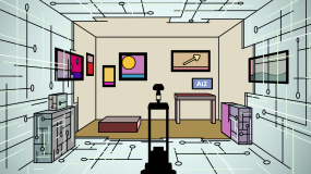 An illustration of a robot facing a room filled with furniture.