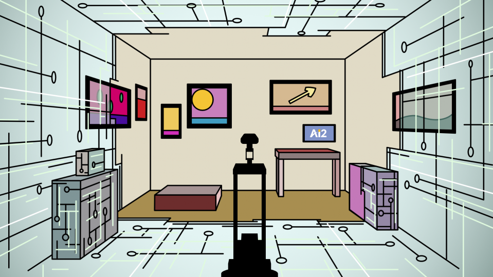 An illustration of a robot facing a room filled with furniture.