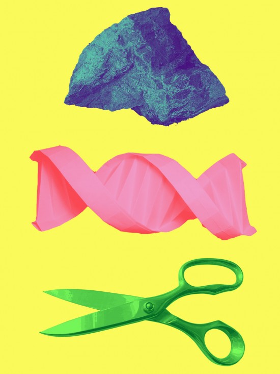 Conceptual illustration of rock paper scissors ans DNA, CRISPR and Anti-crispr