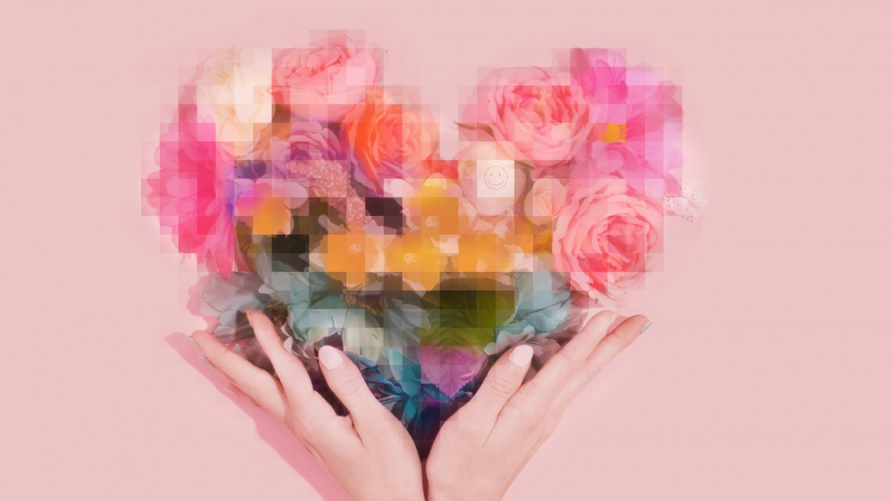 hands holding pixelated flowers roses in a heart shape against millennial pink background coronavirus dating okcupid tinder coffee meets bagel bumble virtual sex tech porn