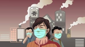 Illustration of people wearing masks against a backdrop of phones and other personal devices sending pollution into the air.