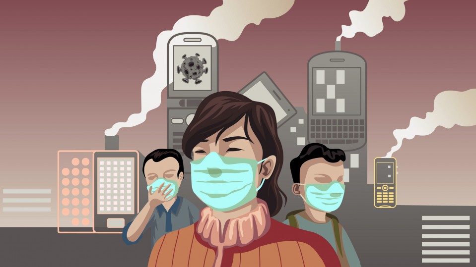 Illustration of people wearing masks against a backdrop of phones and other personal devices sending pollution into the air.