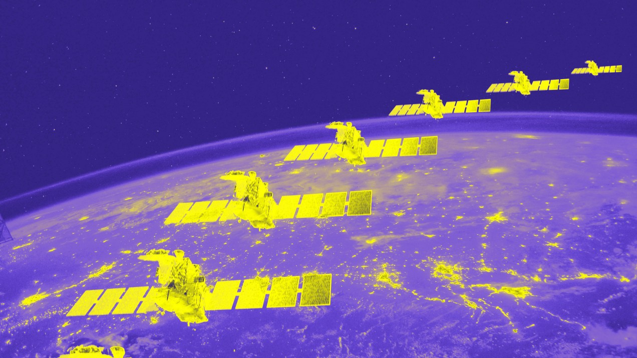 Photo illustration of satellites surrounding earth