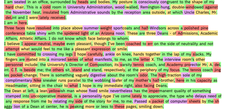 Text from Infinite Jest analyzed by the Harvard-MIT-IBM tool.