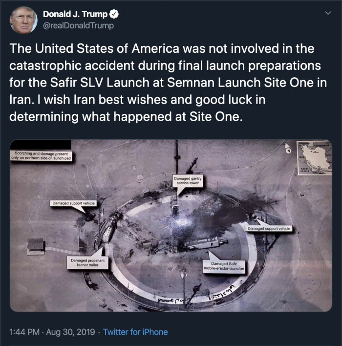 Donald Trump twitta le foto del lancio iraniano
