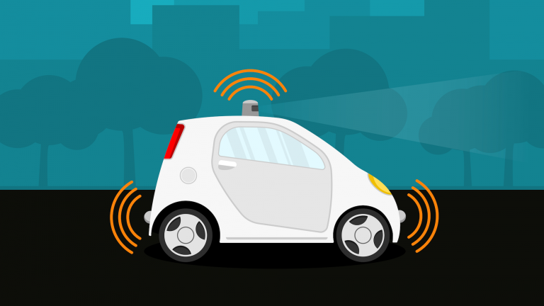 An illustration of a self-driving car on the road.