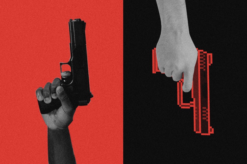 Conceptual photo illustration showing black person's hand holding a gun and a white hand holding a video-game-style gun