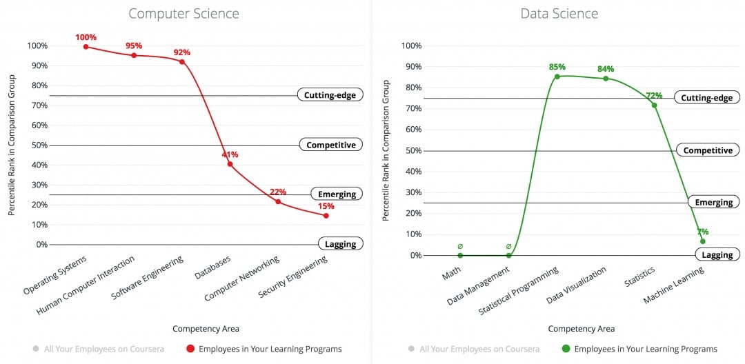 Screengrab of a Coursera company-interface dashboard showing graphs of Data Science and Computer Science competencies.