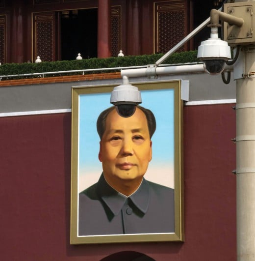 Photo of two surveillance cameras next to a portrait of Mao Zedong.