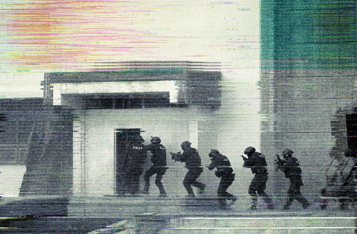 Illustration of a SWAT team entering a building.