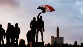 Photo of protester waving Egypt's flag.