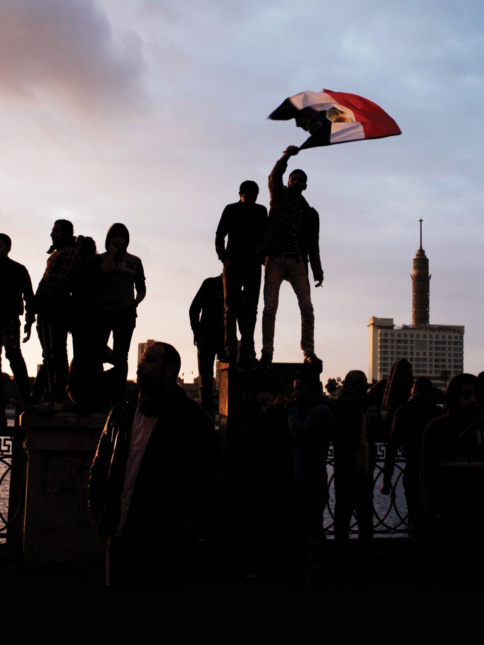 Photo of protester waving Egypt's flag.