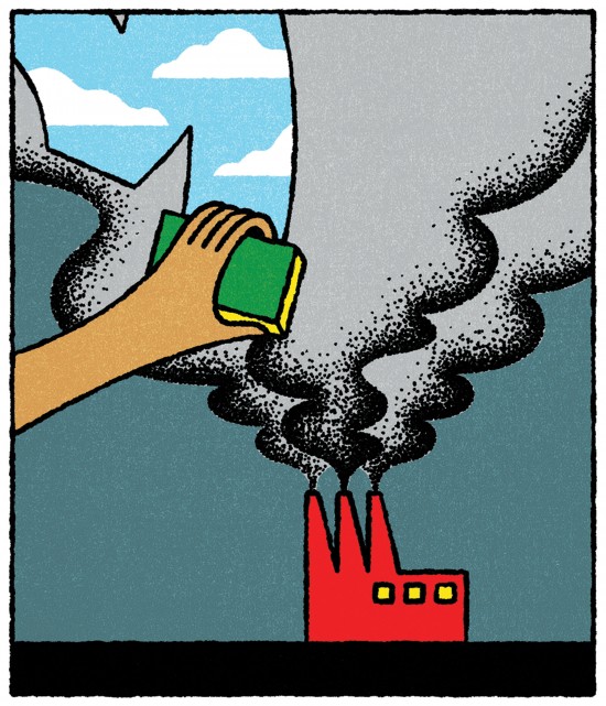 An illustration of a hand wiping away air pollution from the sky above a smokestack.