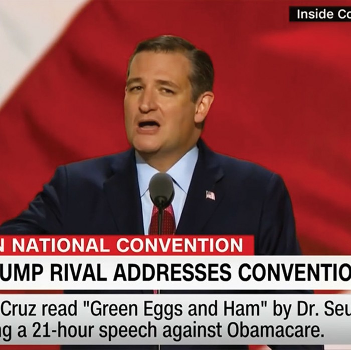 Screengrab from a CNN broadcast of the Republican National Convention. Senator Ted Cruz is speaking.