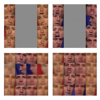 Gridded images of Ted Cruz and Pau Rudd, including some composite images of their faces into one.