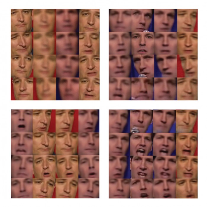 Gridded images of Ted Cruz and Pau Rudd, including some composite images of their faces into one.