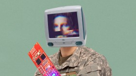 Photo illustration of soldier and brain interfaces