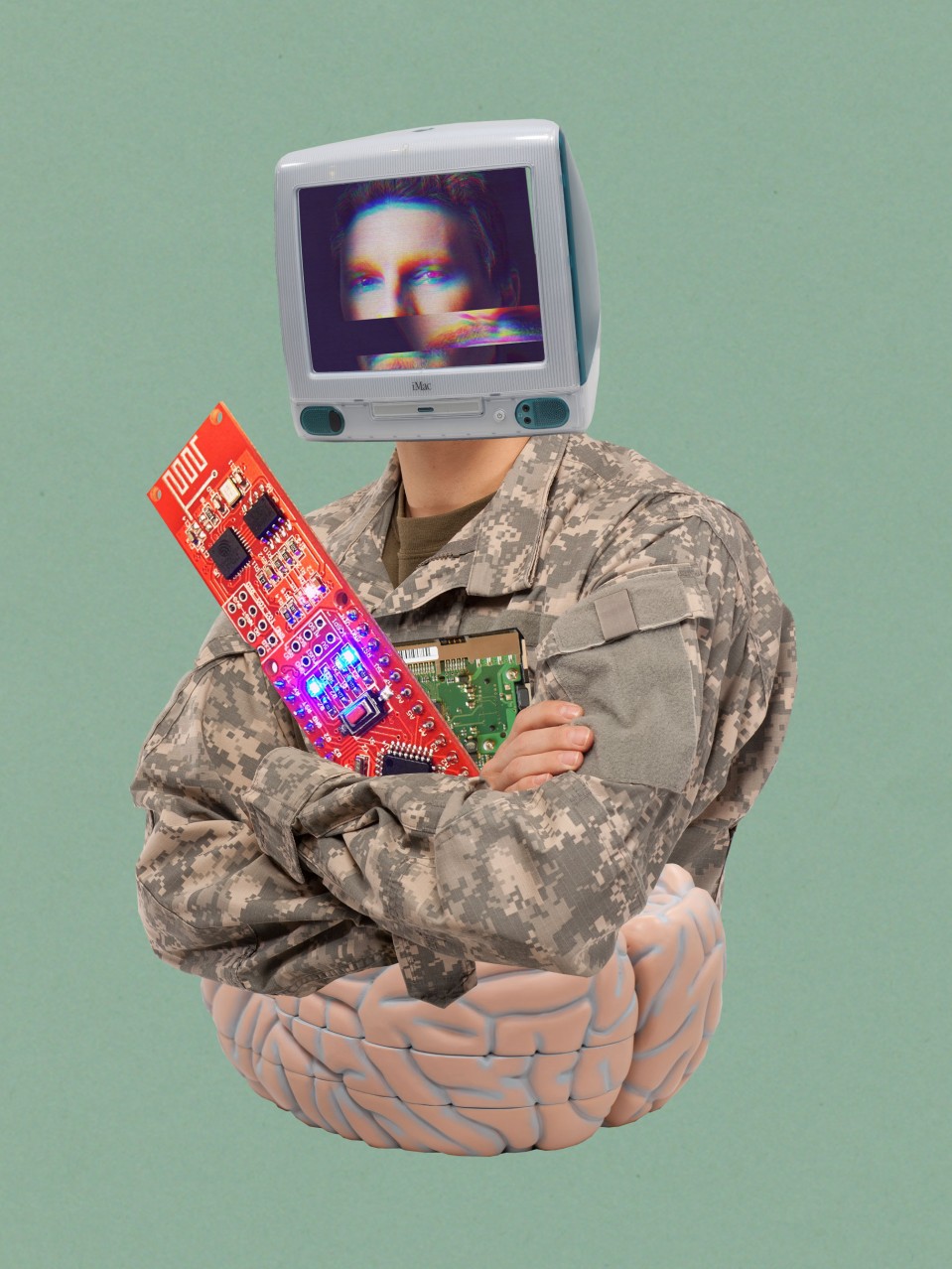 Photo illustration of soldier and brain interfaces