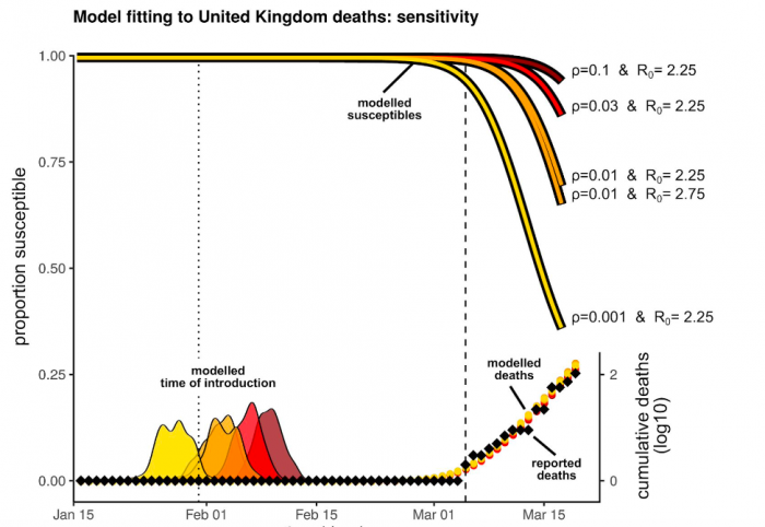 A chart depicting model results that suggest how many people in the UK may have been infected with SARS-CoV-2 based on several assumed characteristics of the virus.