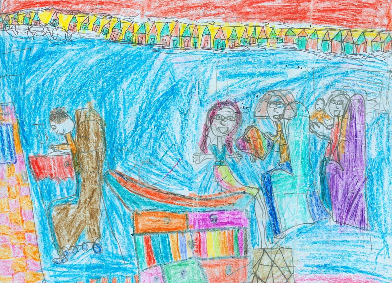 Child's drawing of a doctor's office showing the child on the exam table and the doctor at the computer.