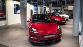 A Tesla Model 3 in the Tesla Motors Store in Frankfurt
