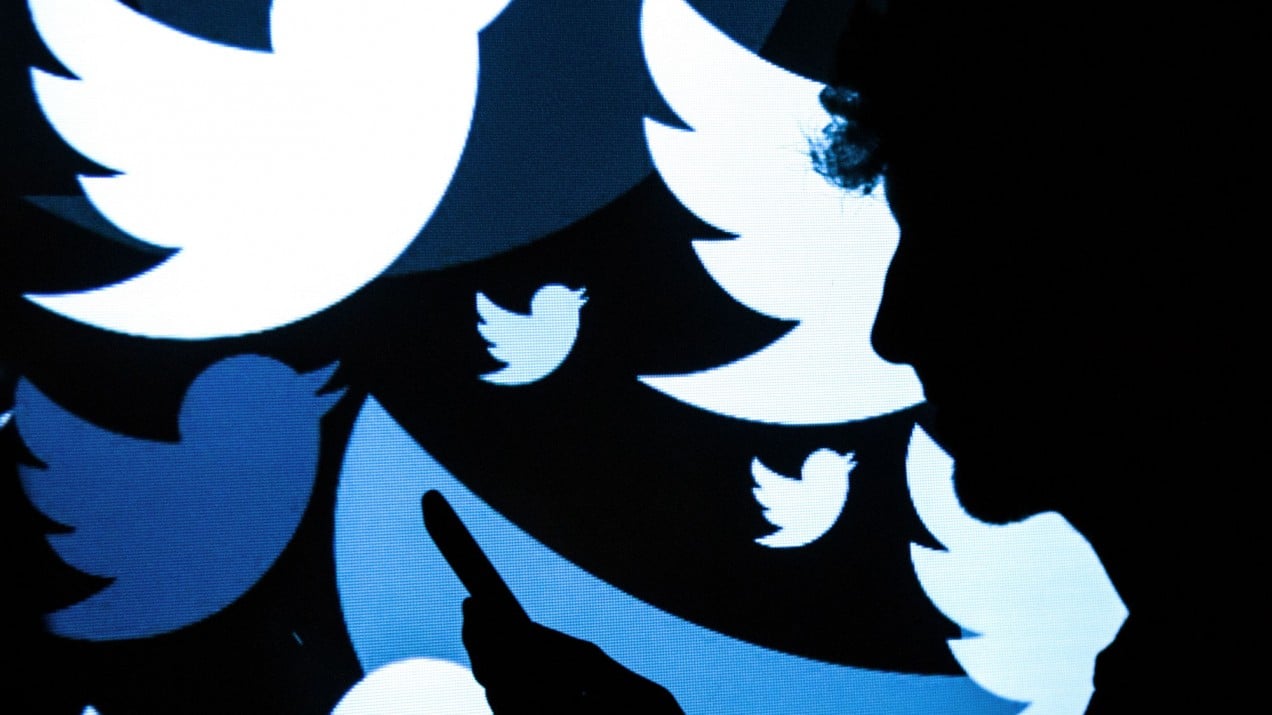 A silhouette of a man standing in front of a screen with Twitter logos on it