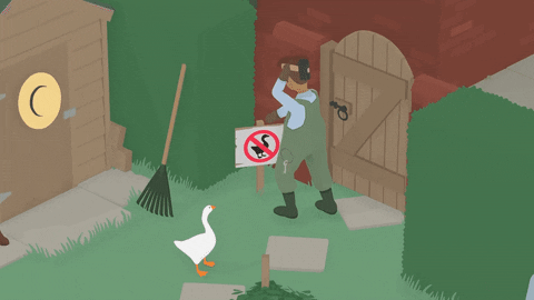 gif of untitled goose game farmer hammering sign hurting thumb honking