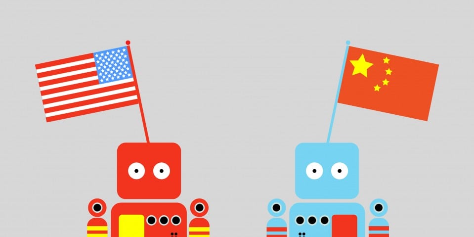 Illustration of a Chinese and an American robot